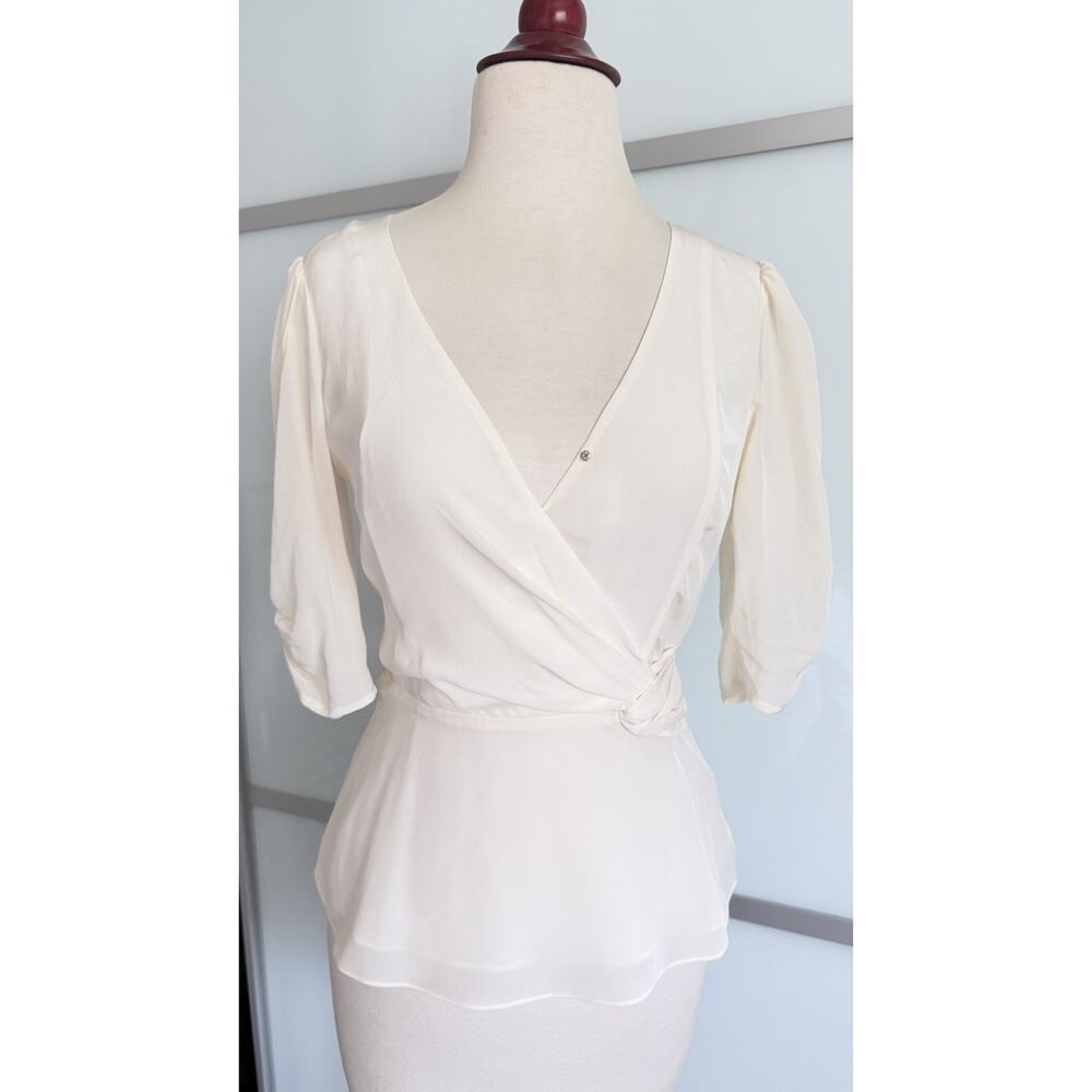Nwt Parker Juniper Ivory Peplum Silk V Neck Puff Sleeve Blouse Xs